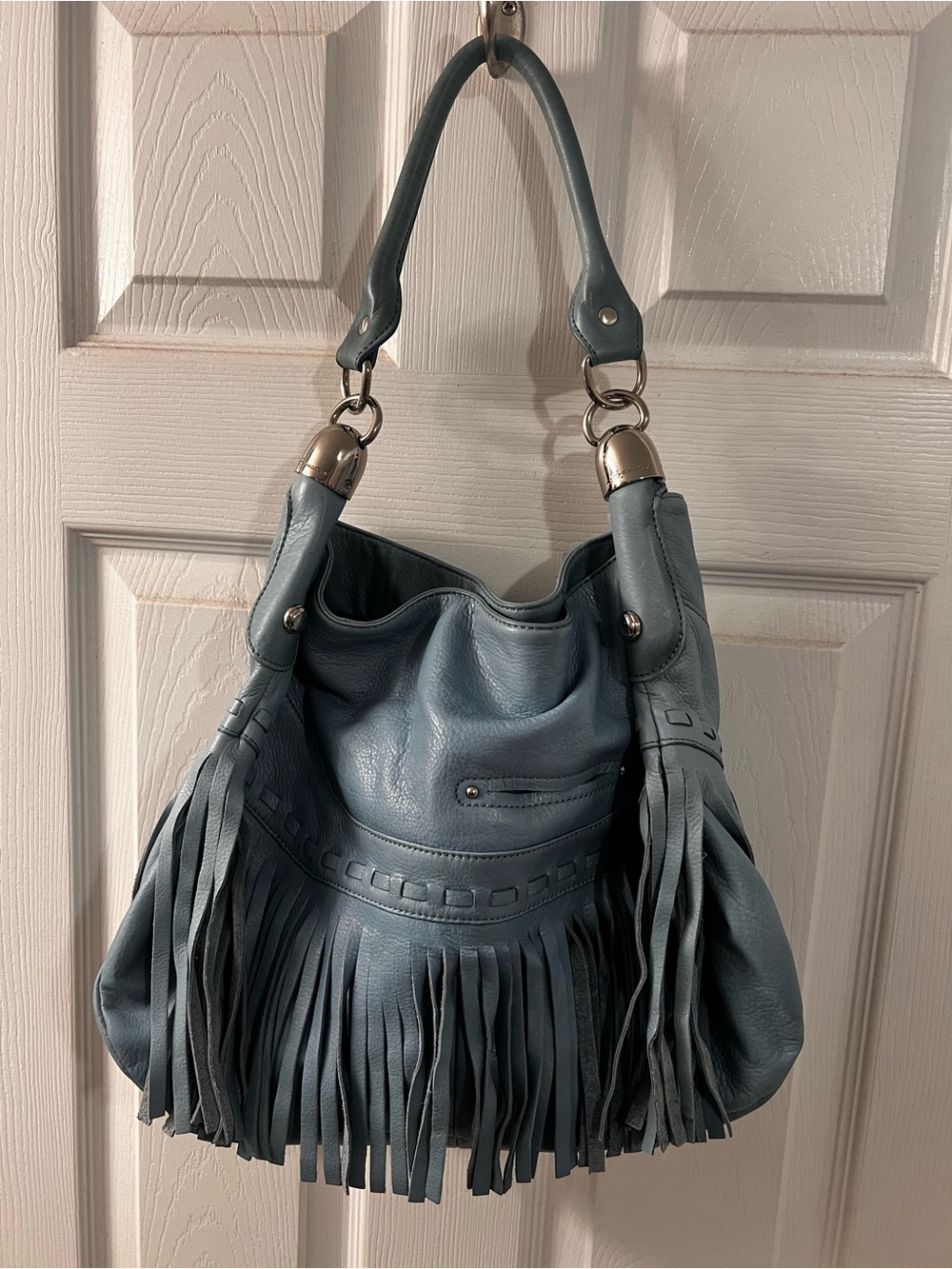 b. makowsky Slate Blue Fringe Shoulder Bag